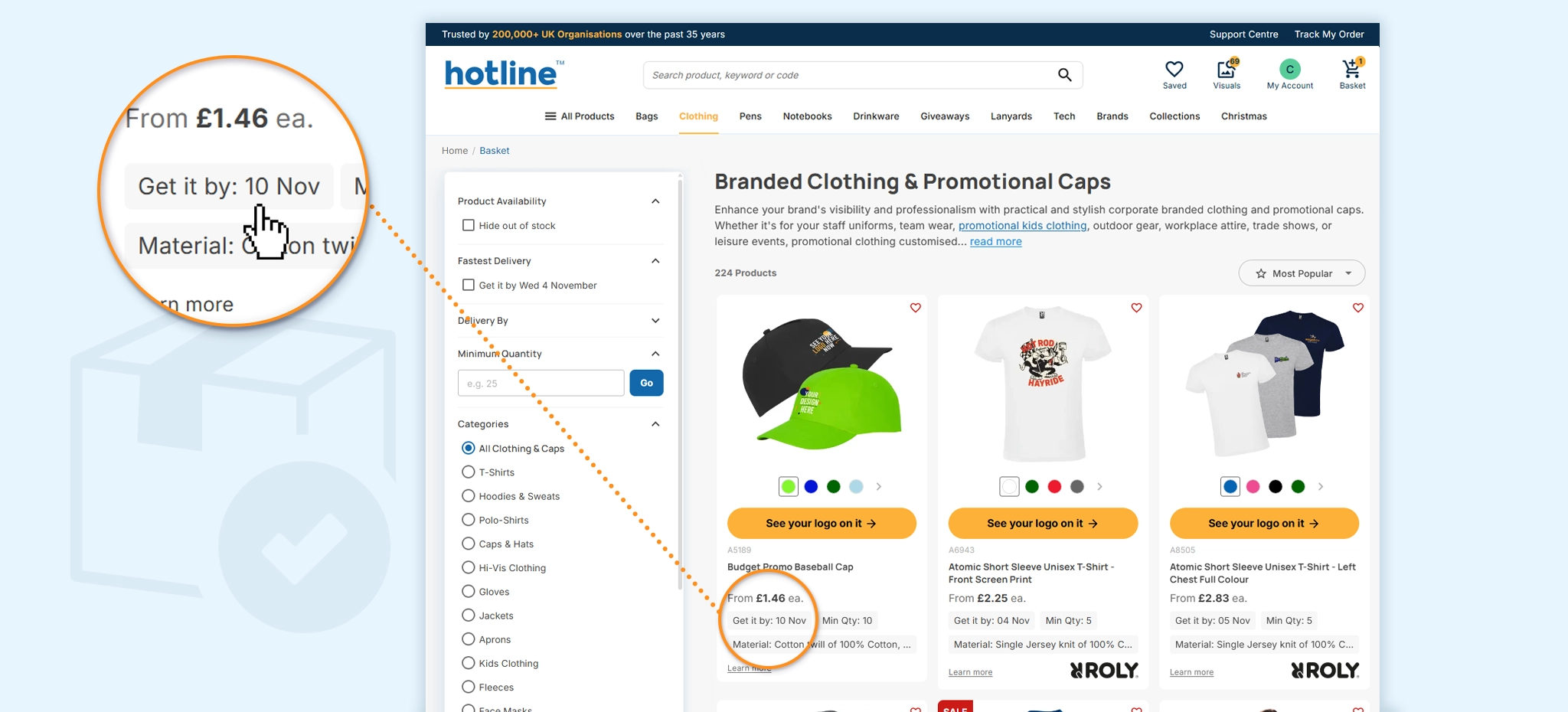 Promotional clothing product listings with caps and T-shirts, filters, and a magnified price and delivery detail.