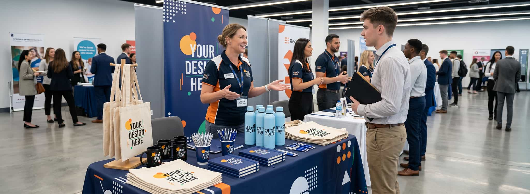 A promotional products stall at an event featuring branded tote bags, bottles, mugs, pens, notebooks, and staff speaking with attendees.