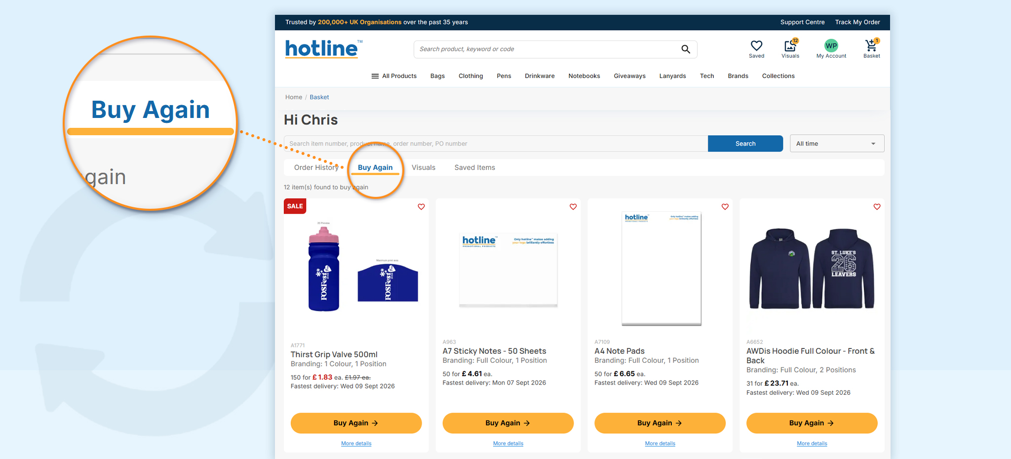 Promotional products page showing "Buy Again" option with items including water bottles, sticky notes, pads, and branded hoodies.