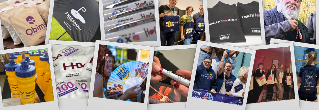 Collage of branded promotional items, including tote bags, pens, bottles, clothing and a folding fan, with people displaying them.
