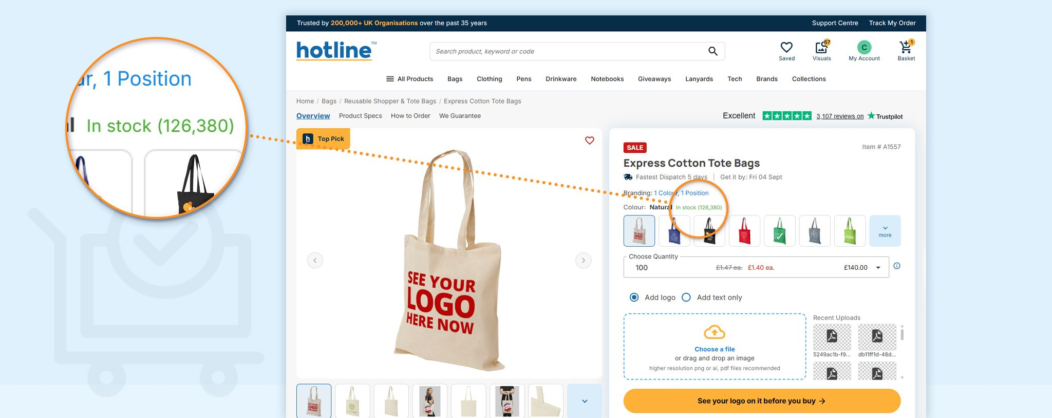 Website interface showing stock levels and order options for customisable cotton tote bags.