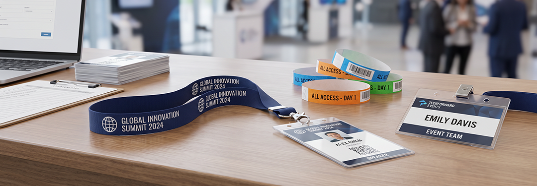 Lanyards and wristbands on a conference desk
