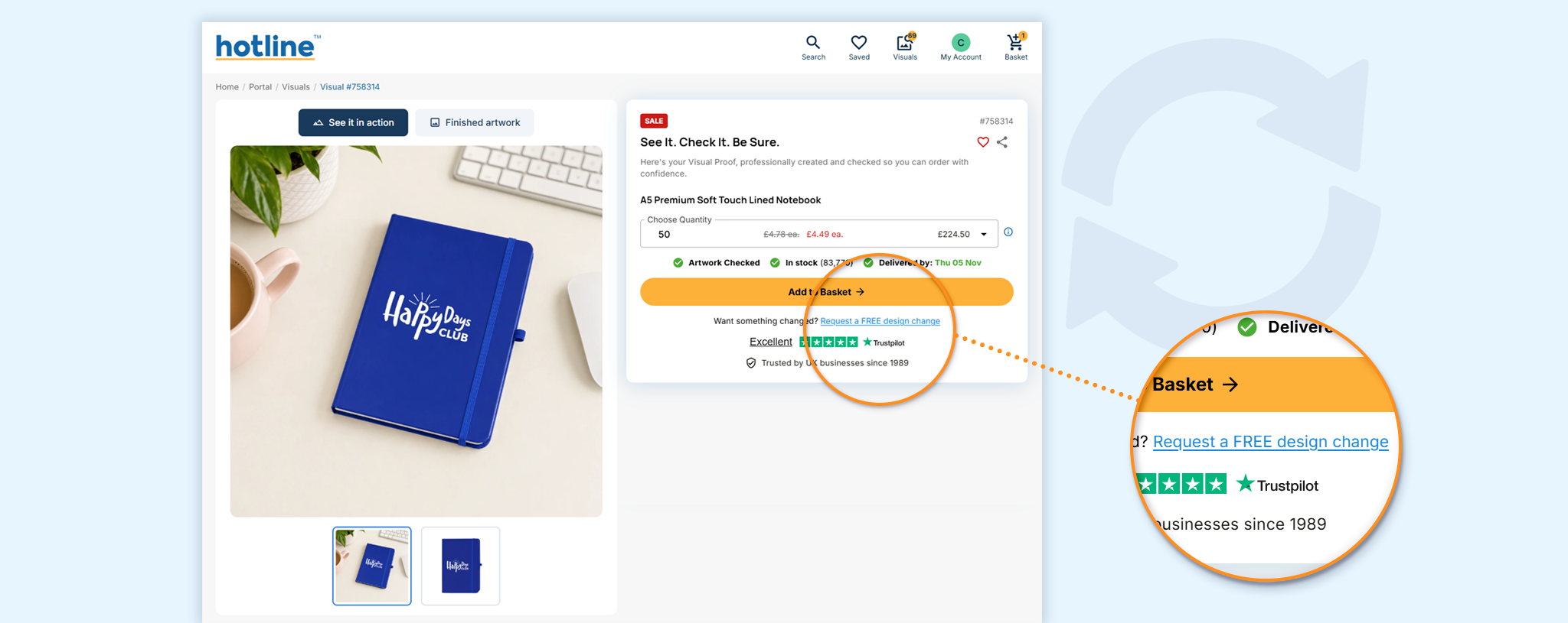 Website screenshot showing a blue notebook printed with Happy Days Club, product order details and a magnified review panel