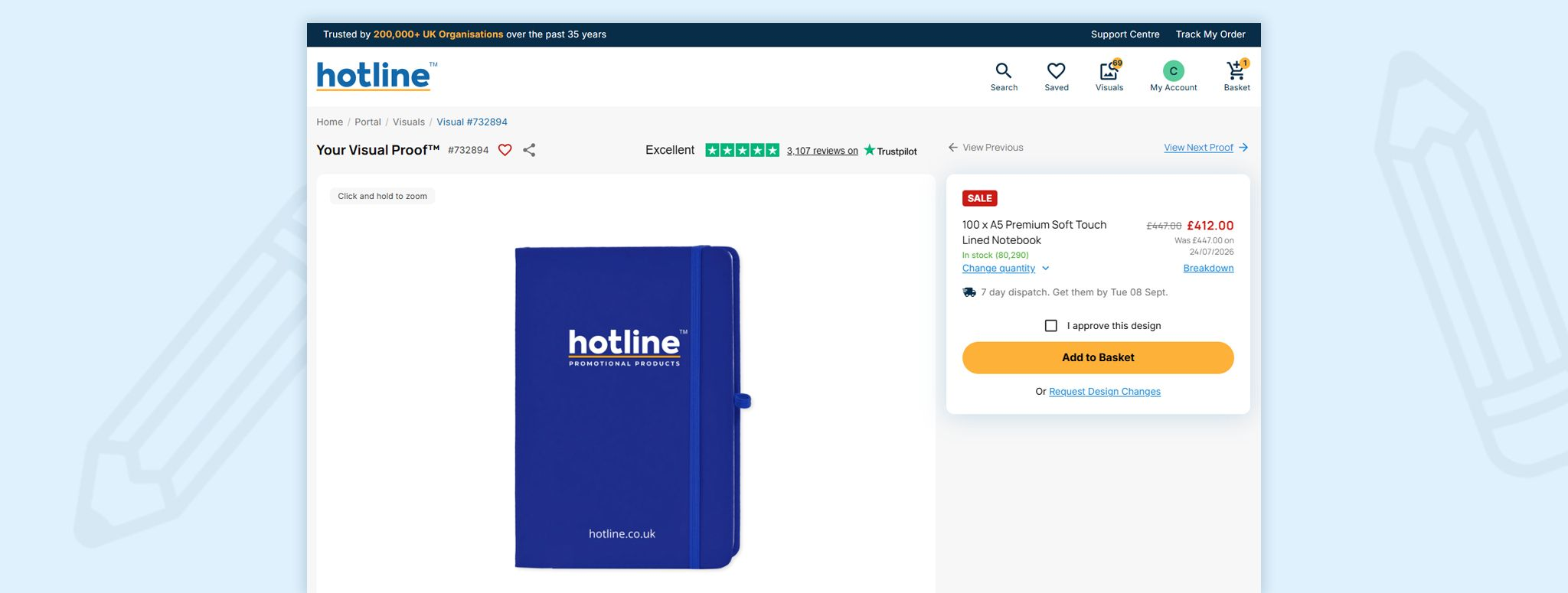 Blue A5 notebook with elastic closure, custom logo and website printed on the front; product details shown on the right panel.
